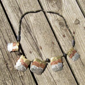 3-Cat Tri-Colour 29-Inch Long Wooden Bead Metal Bead Necklace